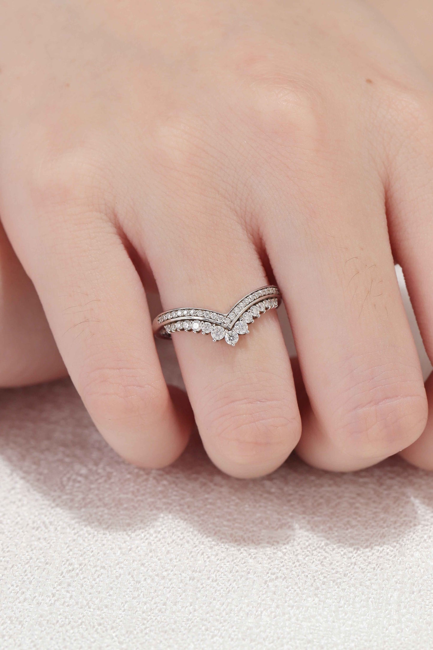 Chevron Round Cut Moissanite Stacking Silver Stacking Ring