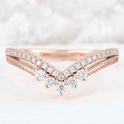 Chevron Round Cut Moissanite Silver Stacking Ring
