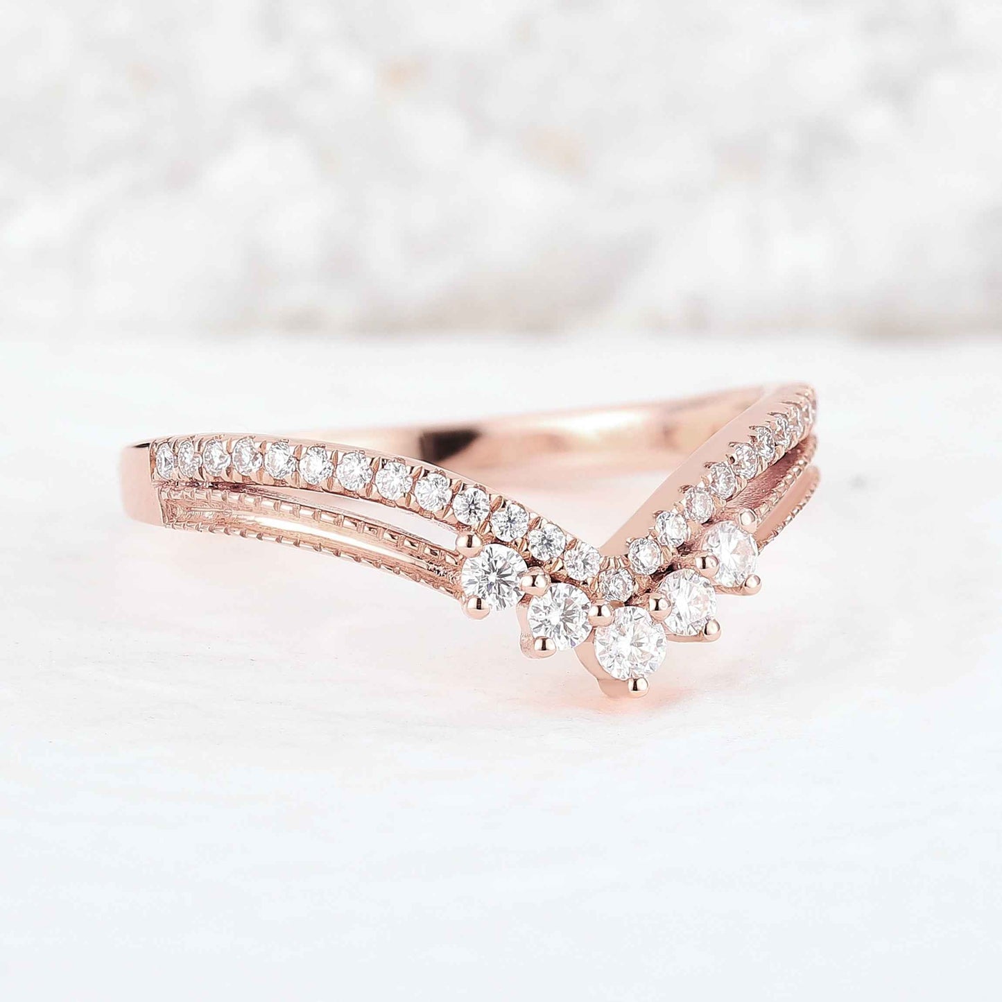 Chevron Round Cut Moissanite Silver Stacking Ring