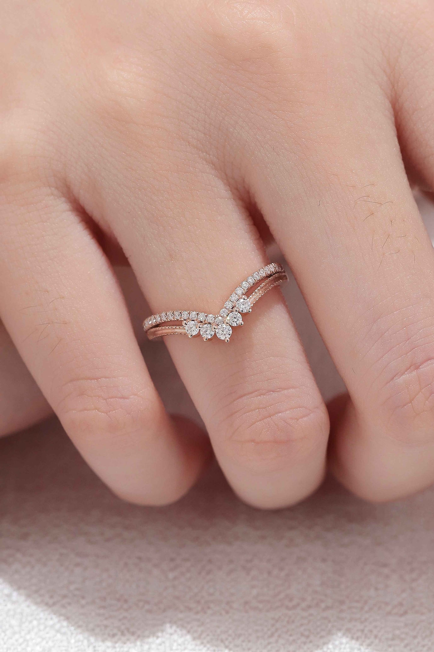 Chevron Round Cut Moissanite Silver Stacking Ring