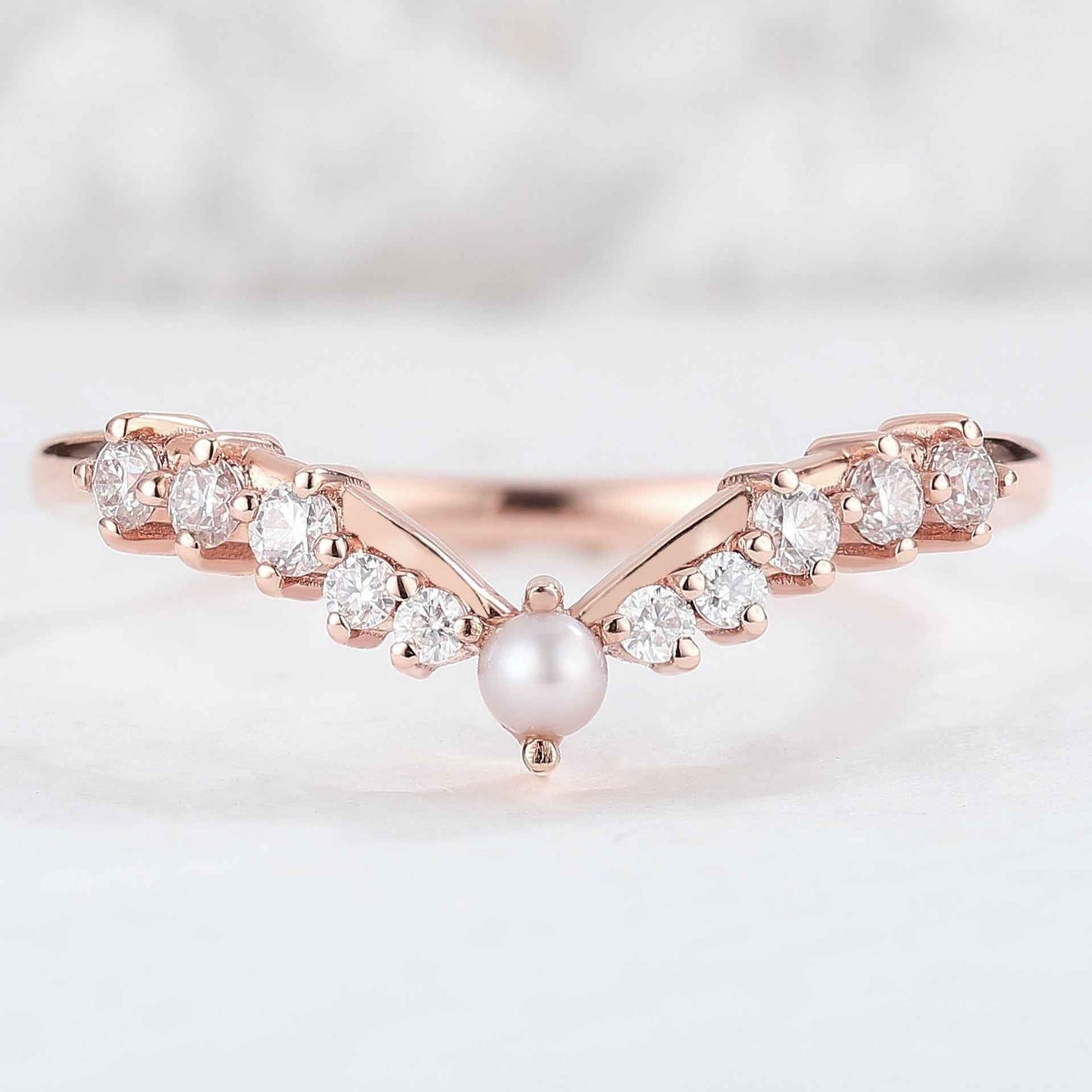 Chevron Round Pearl Moissanite Silver Stacking Ring