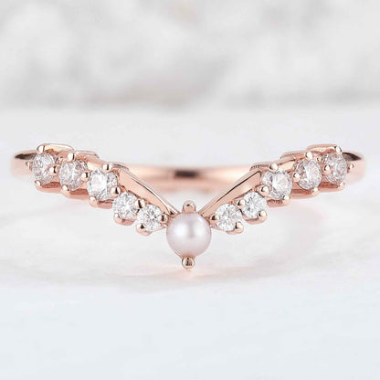 Chevron Round Pearl Moissanite Silver Stacking Ring