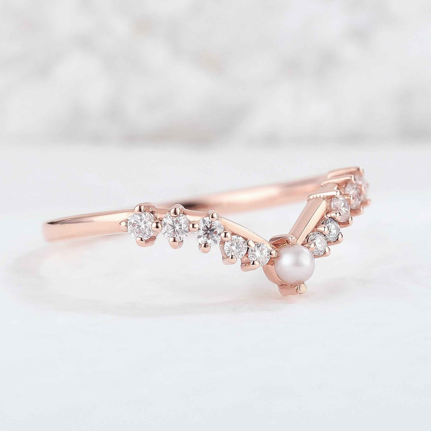 Chevron Round Pearl Moissanite Silver Stacking Ring