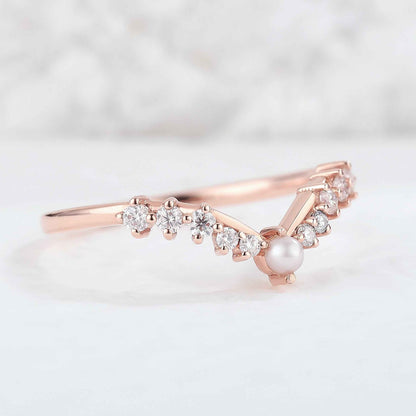 Chevron Round Pearl Moissanite Silver Stacking Ring