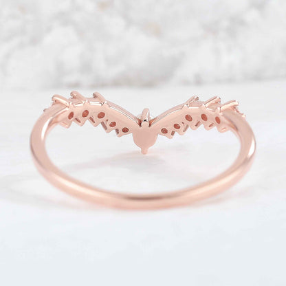 Chevron Round Pearl Moissanite Silver Stacking Ring