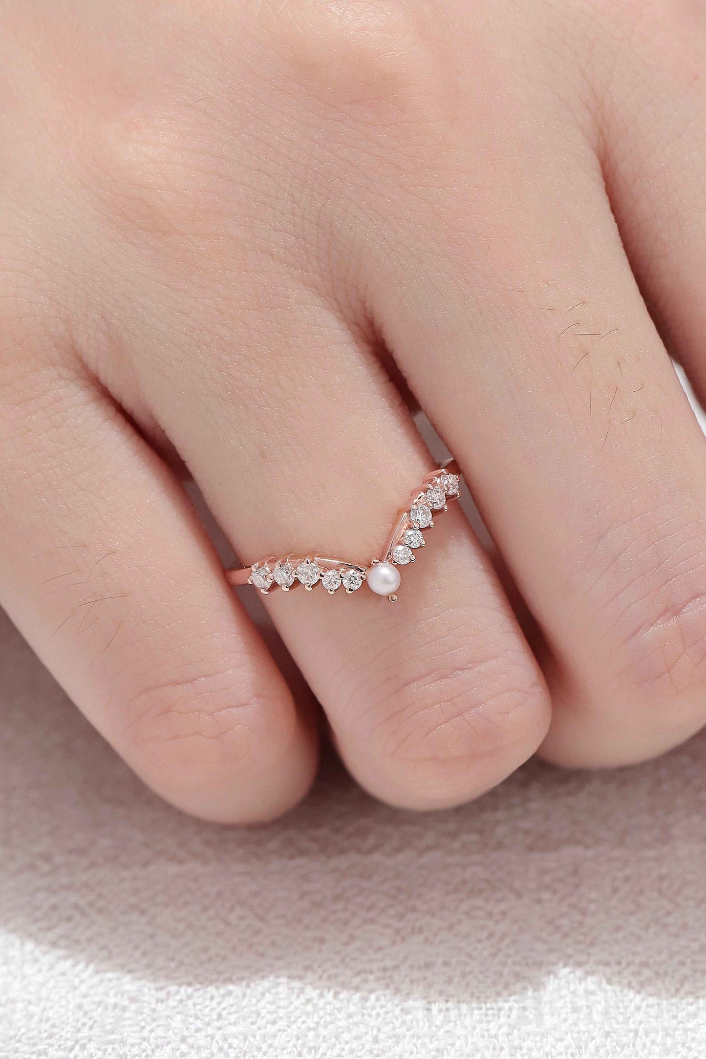 Chevron Round Pearl Moissanite Silver Stacking Ring