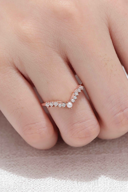 Chevron Round Pearl Moissanite Silver Stacking Ring