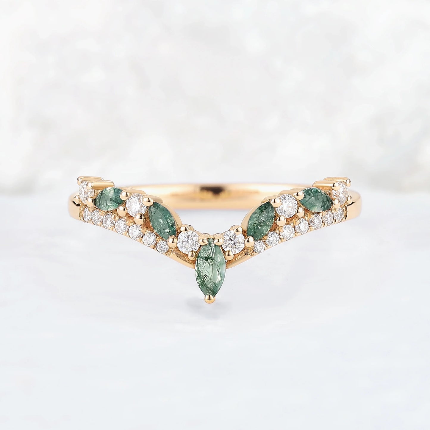 Chevron Marquise Cut Moss Agate 14k Rose Gold Stacking Ring