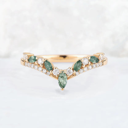 Chevron Marquise Cut Moss Agate 14k Rose Gold Stacking Ring