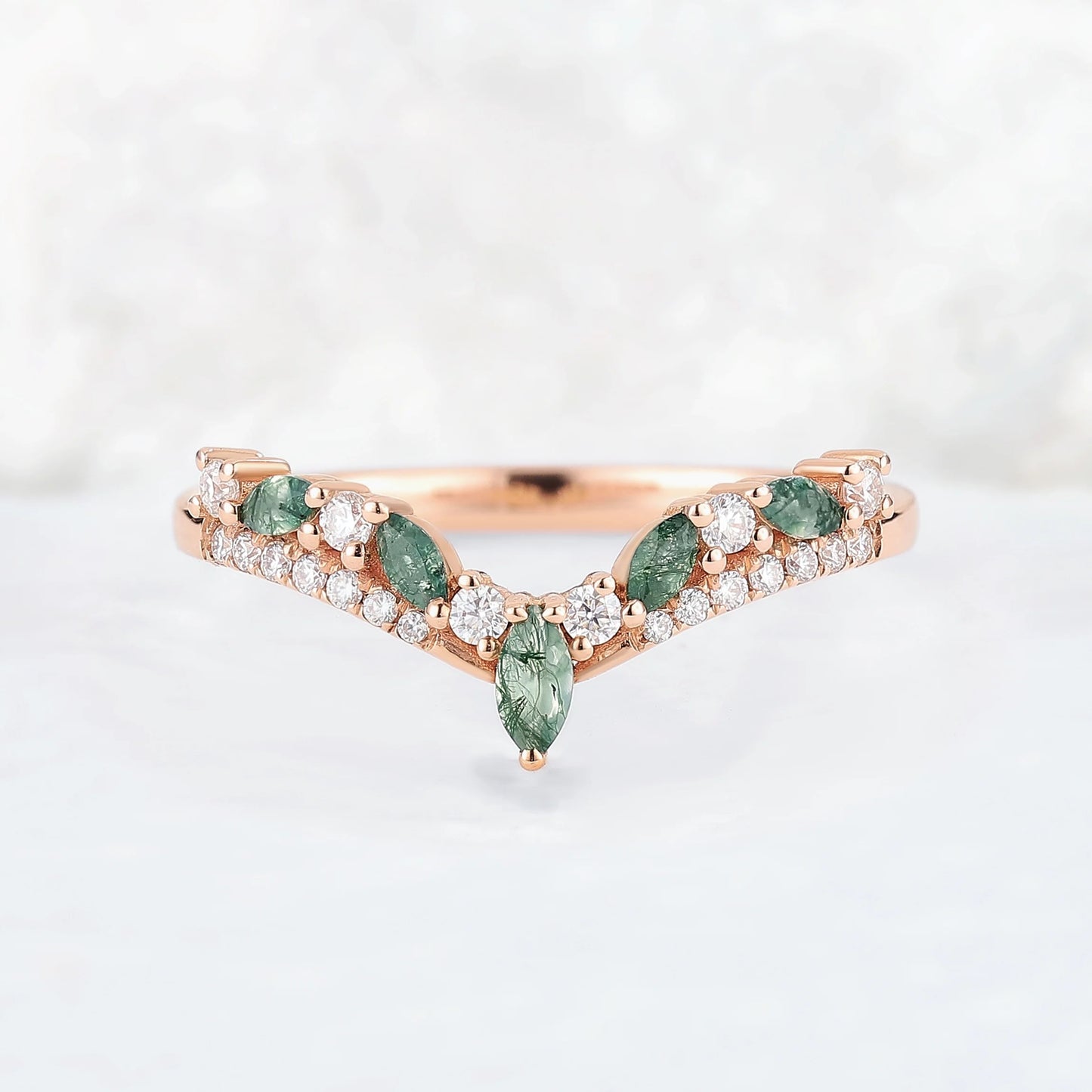 Chevron Marquise Cut Moss Agate 14k Rose Gold Stacking Ring