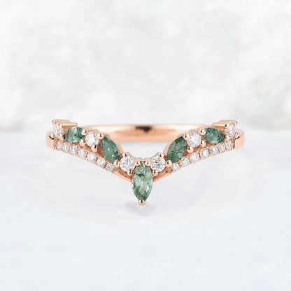Chevron Marquise Cut Moss Agate 14k Rose Gold Stacking Ring