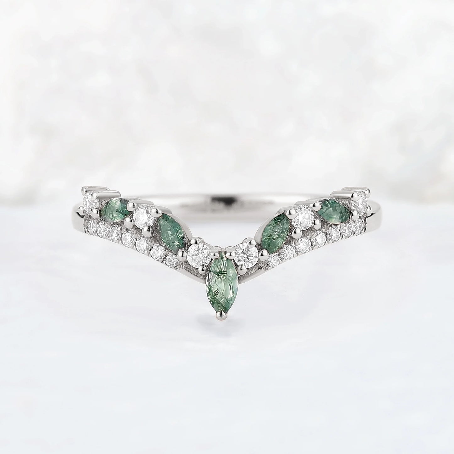 Chevron Marquise Cut Moss Agate 14k Rose Gold Stacking Ring