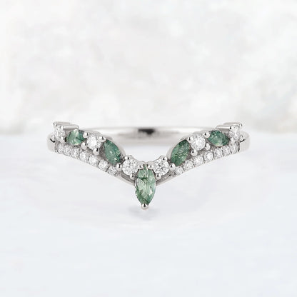 Chevron Marquise Cut Moss Agate 14k Rose Gold Stacking Ring