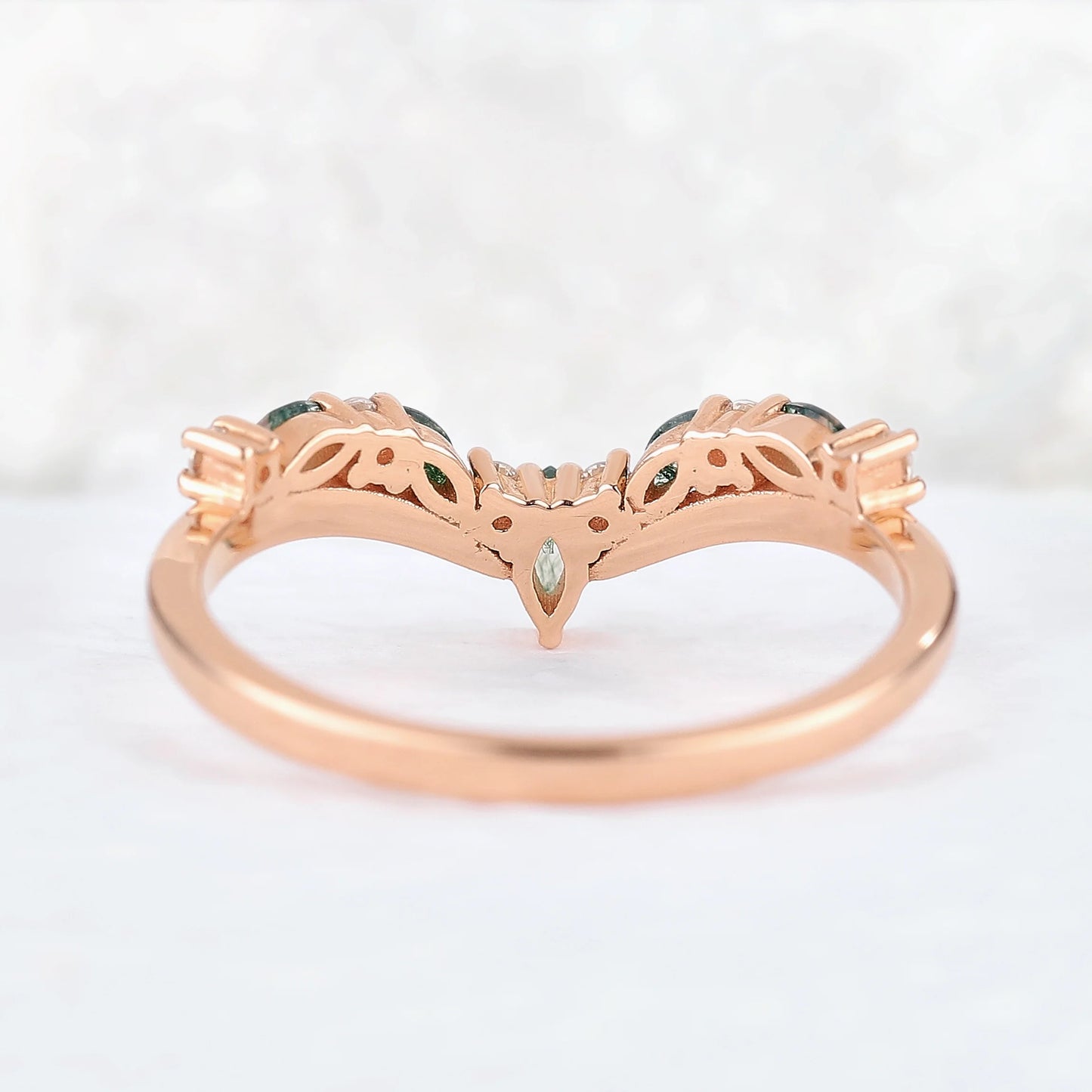Chevron Marquise Cut Moss Agate 14k Rose Gold Stacking Ring