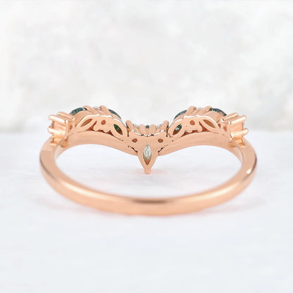 Chevron Marquise Cut Moss Agate 14k Rose Gold Stacking Ring