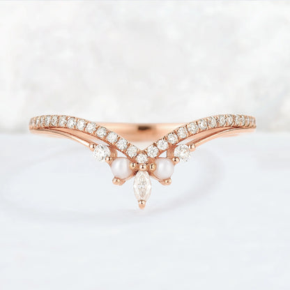 Chevron Moissanite and Pearl 10k Rose Gold Stacking Ring