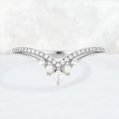 Chevron Moissanite and Pearl 10k Rose Gold Stacking Ring