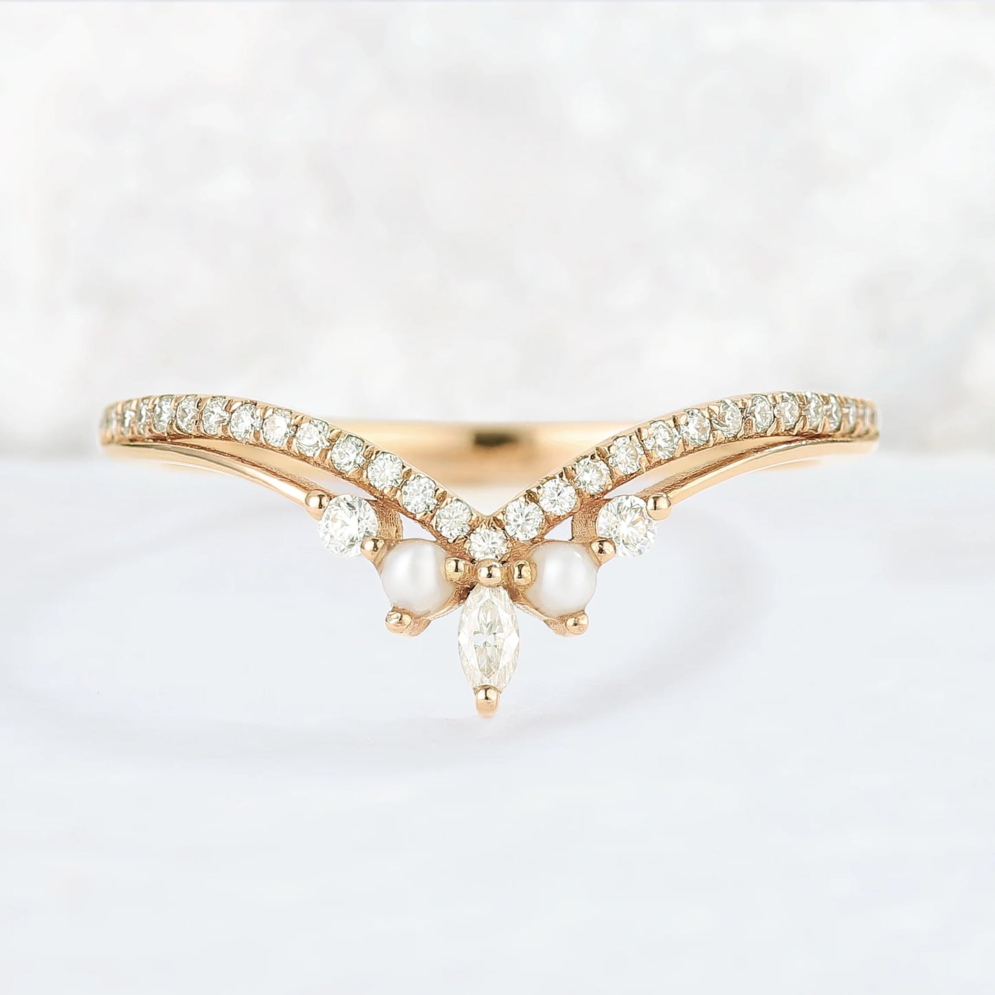 Chevron Moissanite and Pearl 10k Rose Gold Stacking Ring