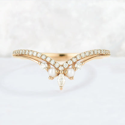 Chevron Moissanite and Pearl 10k Rose Gold Stacking Ring