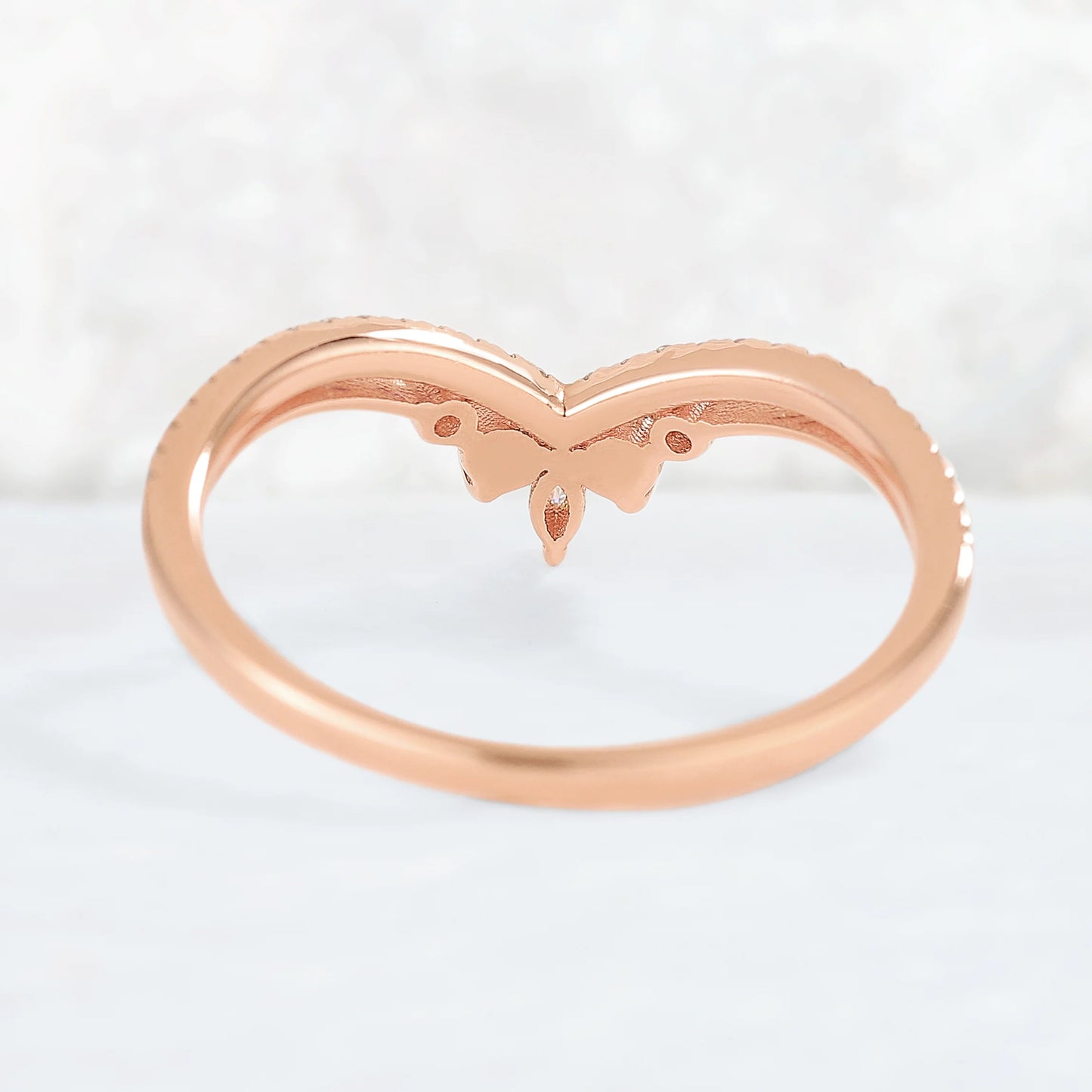 Chevron Moissanite and Pearl 10k Rose Gold Stacking Ring
