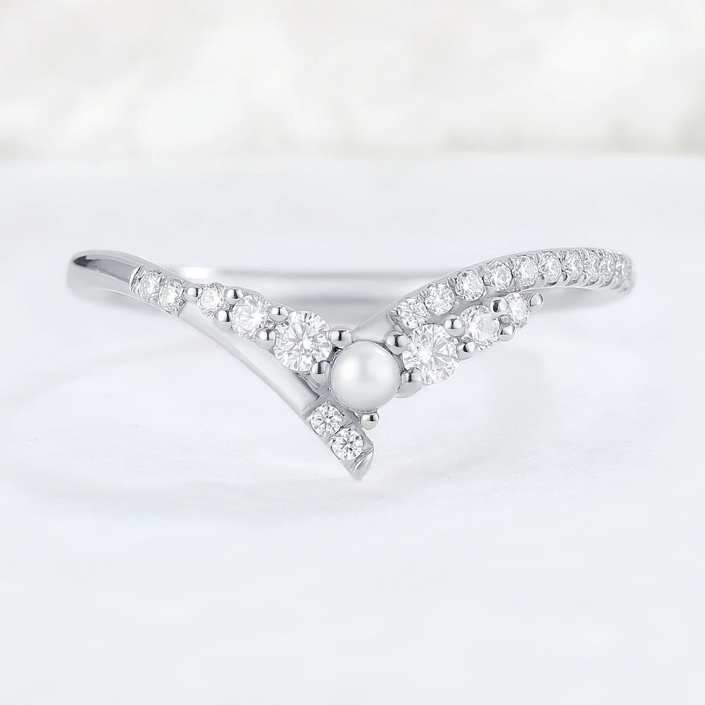 Chevron Moissanite and Pearl 14k Rose Gold Stacking Ring