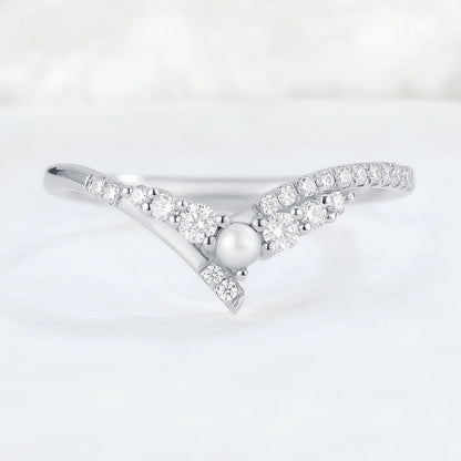 Chevron Moissanite and Pearl 14k Rose Gold Stacking Ring