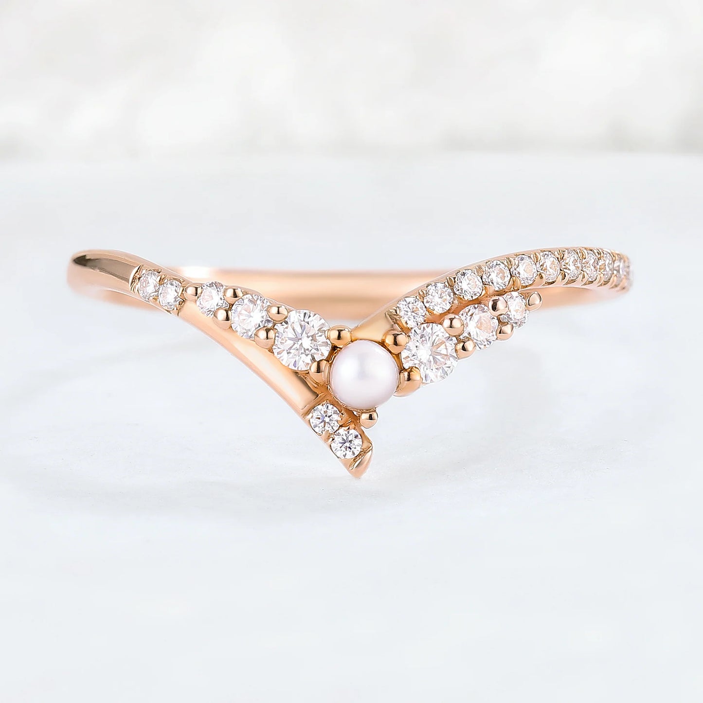 Chevron Moissanite and Pearl 14k Rose Gold Stacking Ring