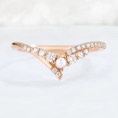 Chevron Moissanite and Pearl 14k Rose Gold Stacking Ring