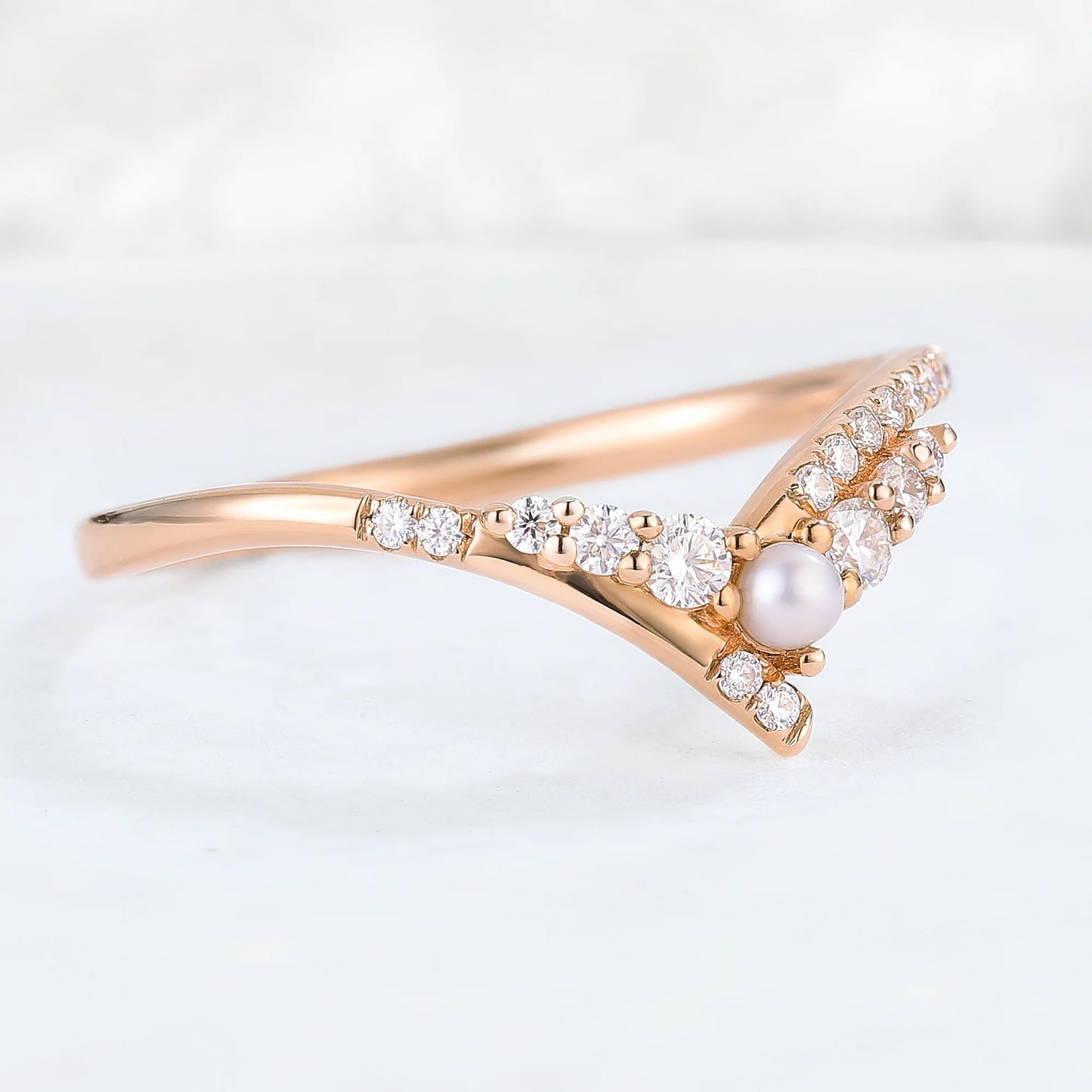 Chevron Moissanite and Pearl 14k Rose Gold Stacking Ring