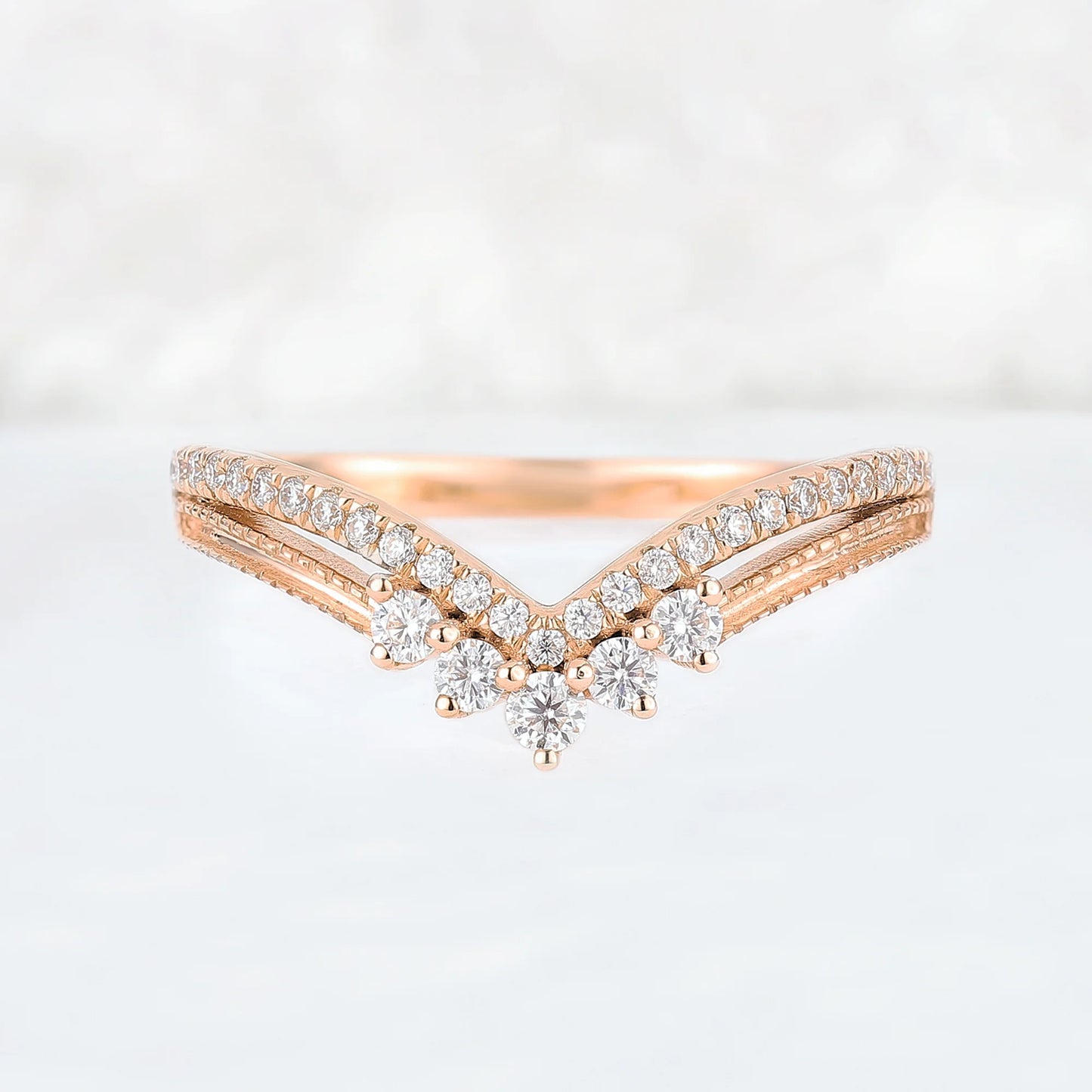 Chevron Round Cut Moissanite Beaded Edge Stacking Ring