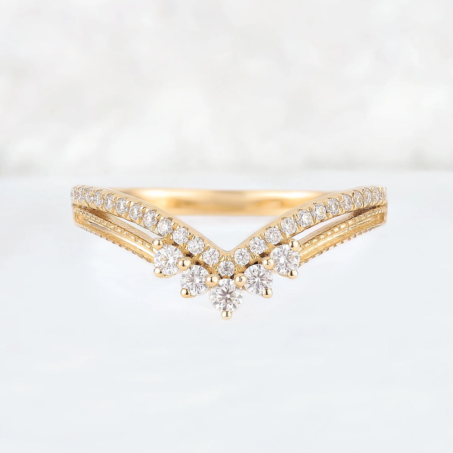Chevron Round Cut Moissanite Beaded Edge Stacking Ring