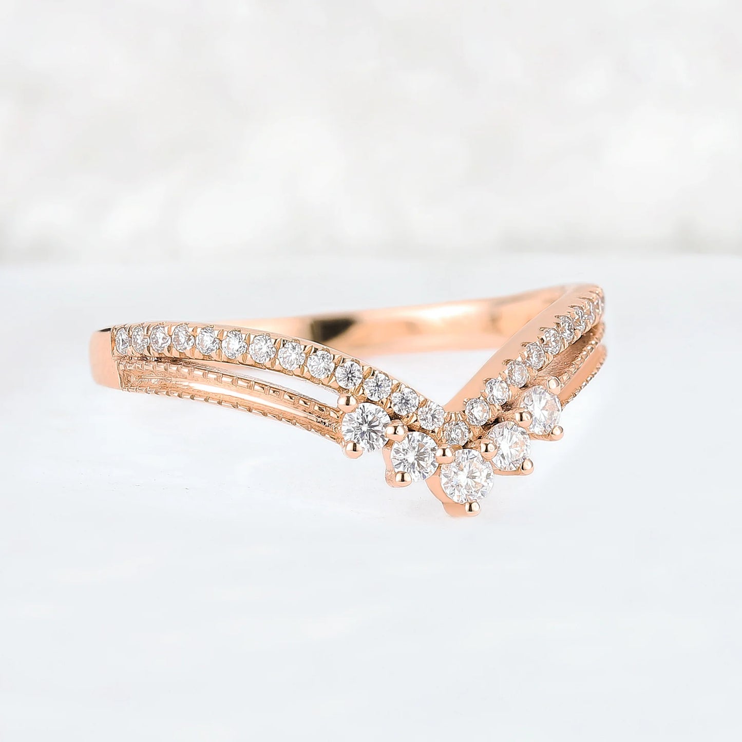 Chevron Round Cut Moissanite Beaded Edge Stacking Ring