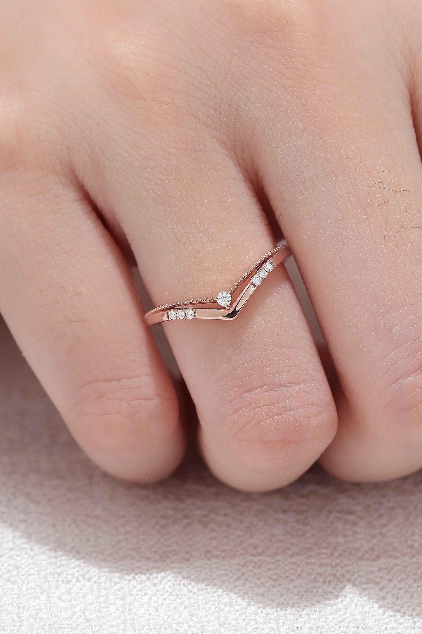 Chevron Round Moissanite 14k Rose Gold Stacking Ring