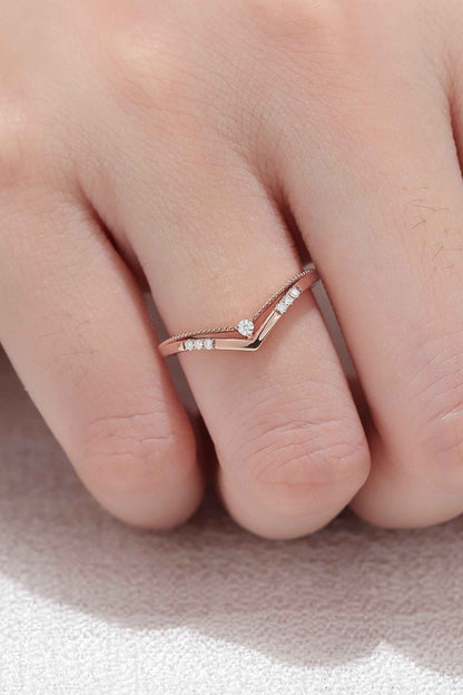 Chevron Round Moissanite 14k Rose Gold Stacking Ring