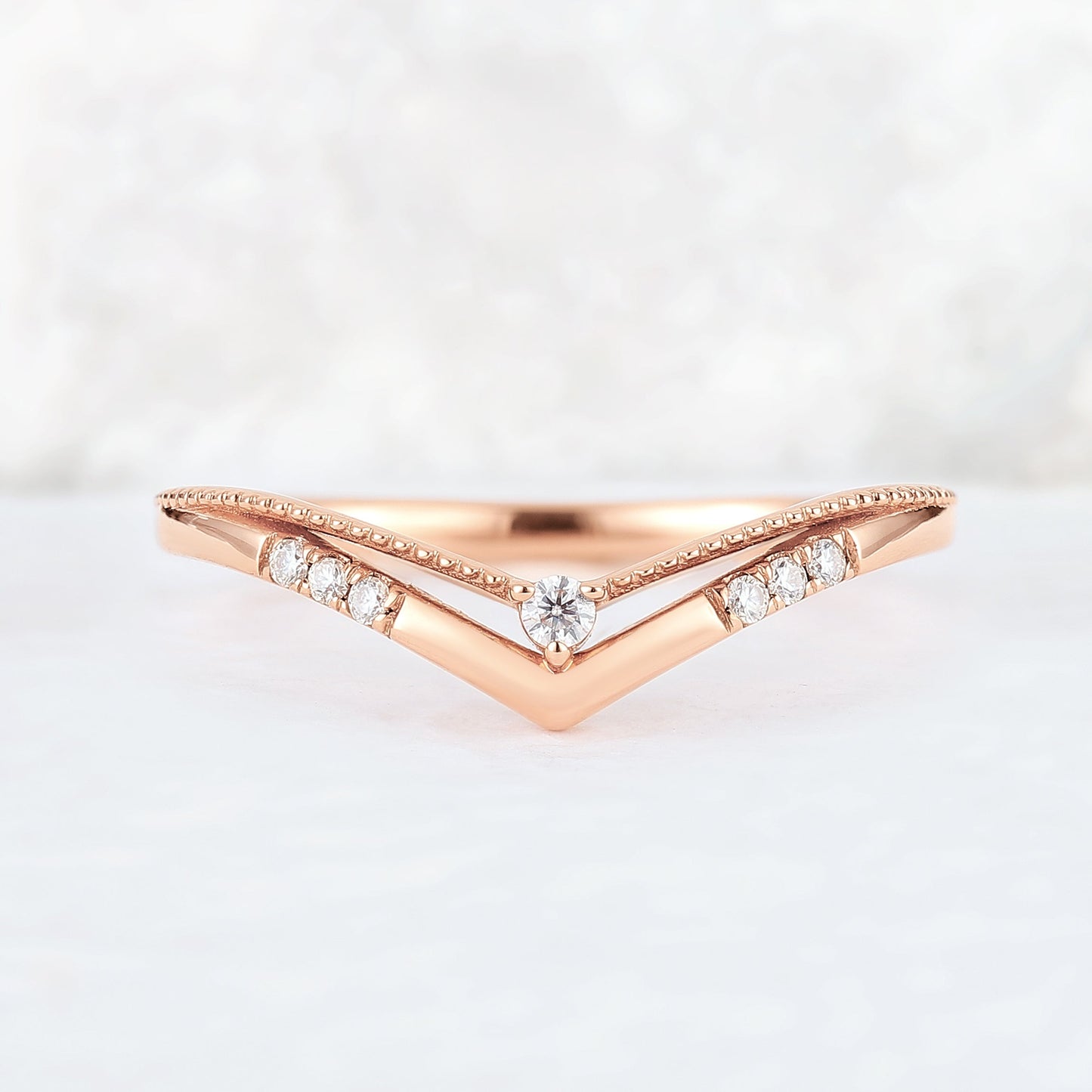 Chevron Round Moissanite 14k Rose Gold Stacking Ring