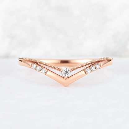 Chevron Round Moissanite 14k Rose Gold Stacking Ring