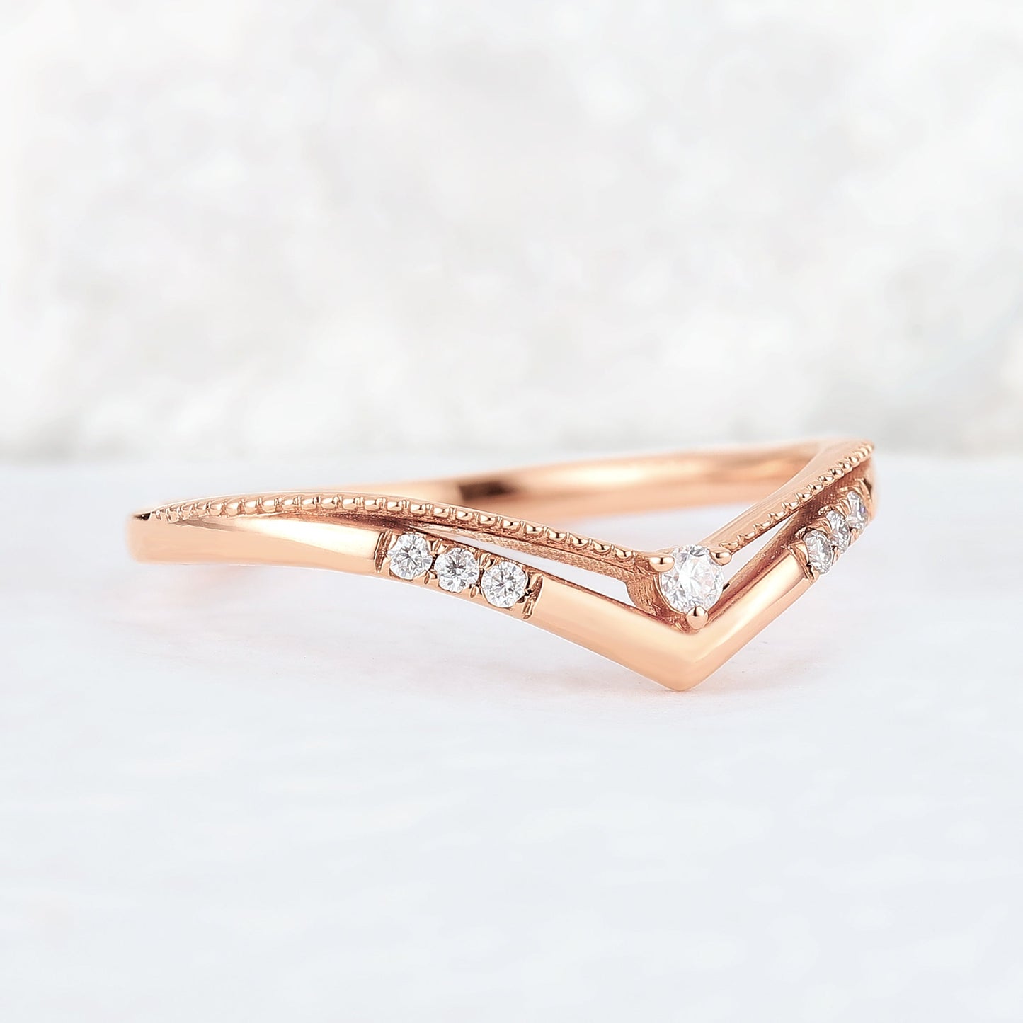 Chevron Round Moissanite 14k Rose Gold Stacking Ring