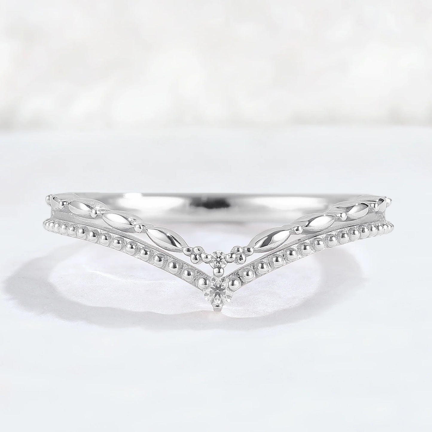 Chevron Round Moissanite Double Milgrain Wedding Ring