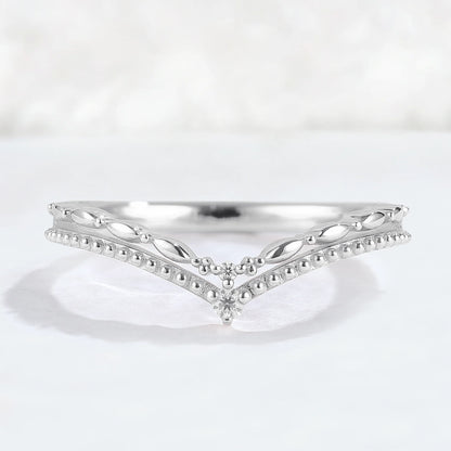 Chevron Round Moissanite Double Milgrain Wedding Ring