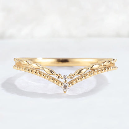 Chevron Round Moissanite Double Milgrain Wedding Ring