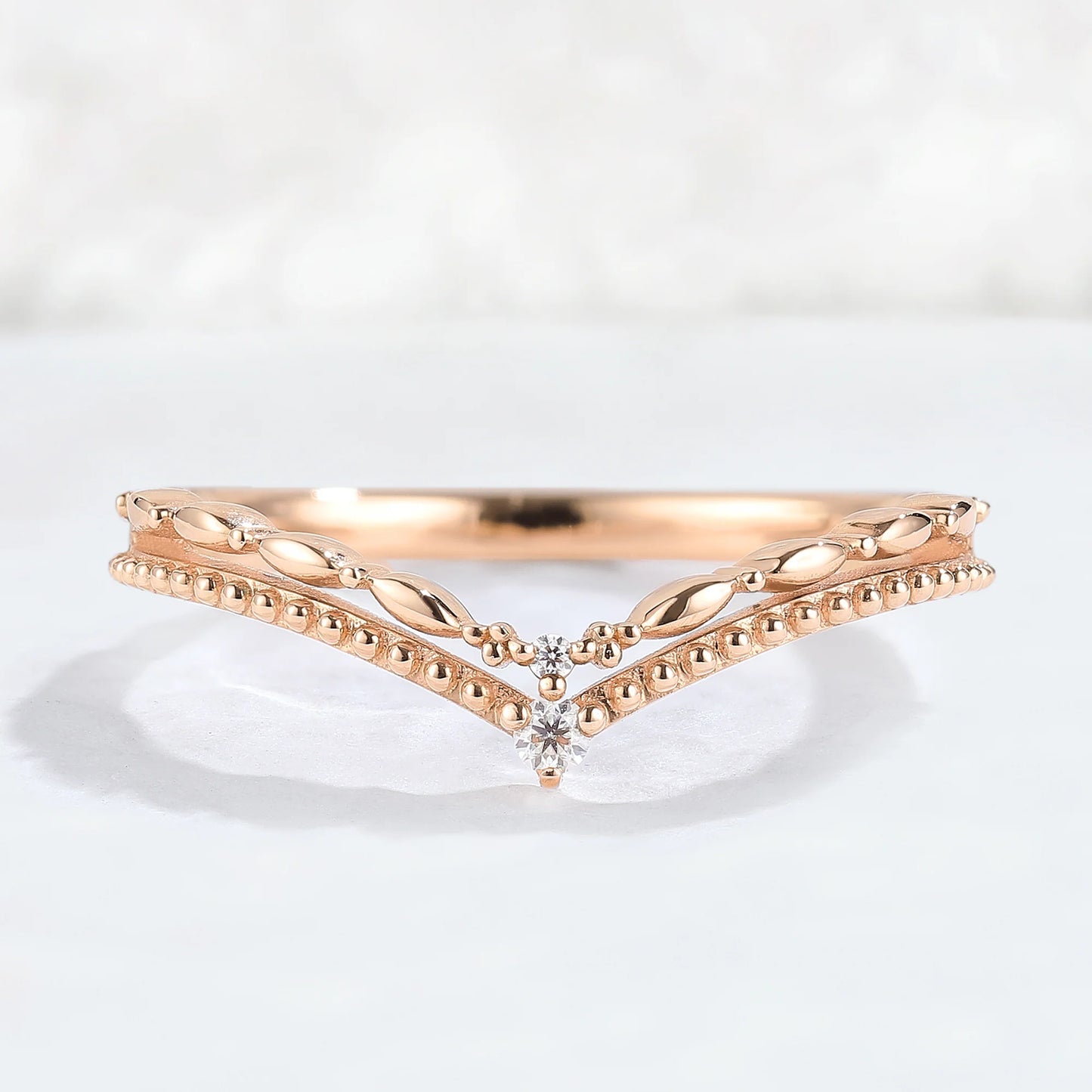 Chevron Round Moissanite Double Milgrain Wedding Ring