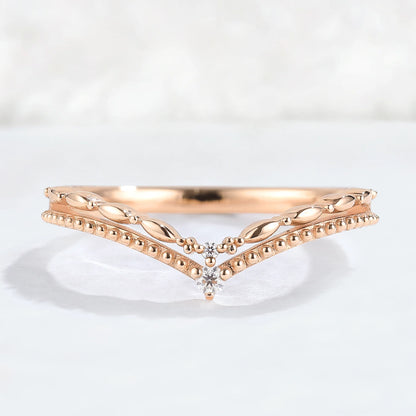 Chevron Round Moissanite Double Milgrain Wedding Ring