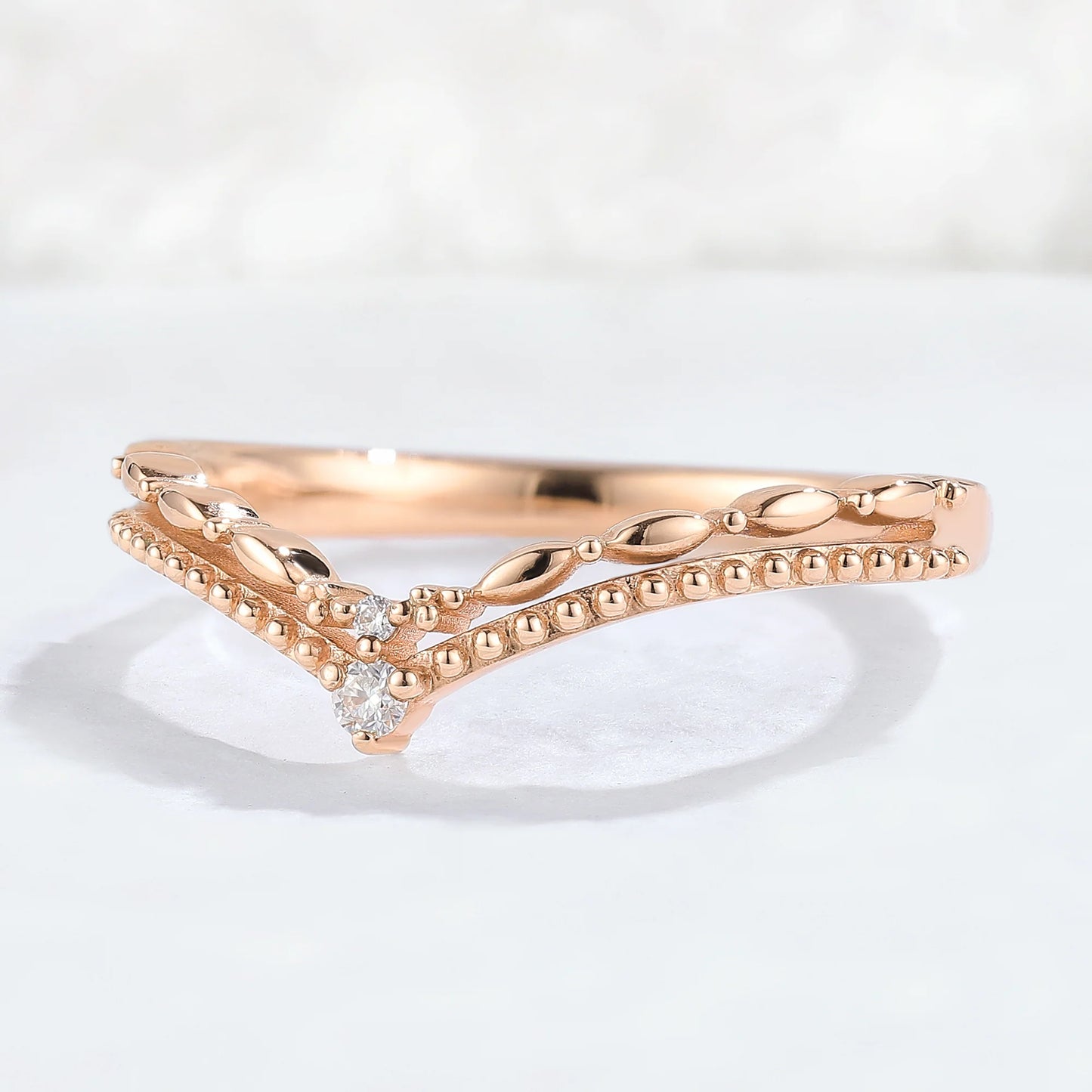 Chevron Round Moissanite Double Milgrain Wedding Ring