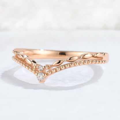 Chevron Round Moissanite Double Milgrain Wedding Ring