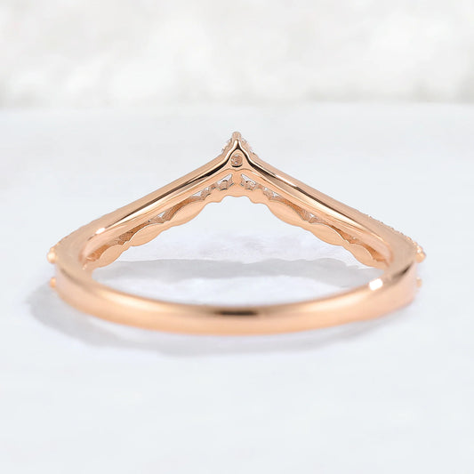 Chevron Round Moissanite Double Milgrain Wedding Ring