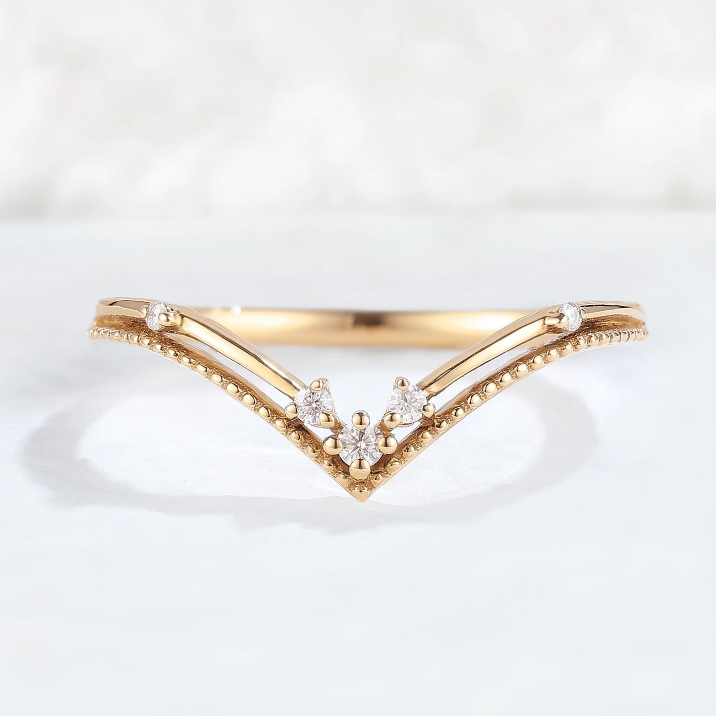 Chevron Round Moissanite Milgrain Pave Band 14k Rose Gold Stacking Ring