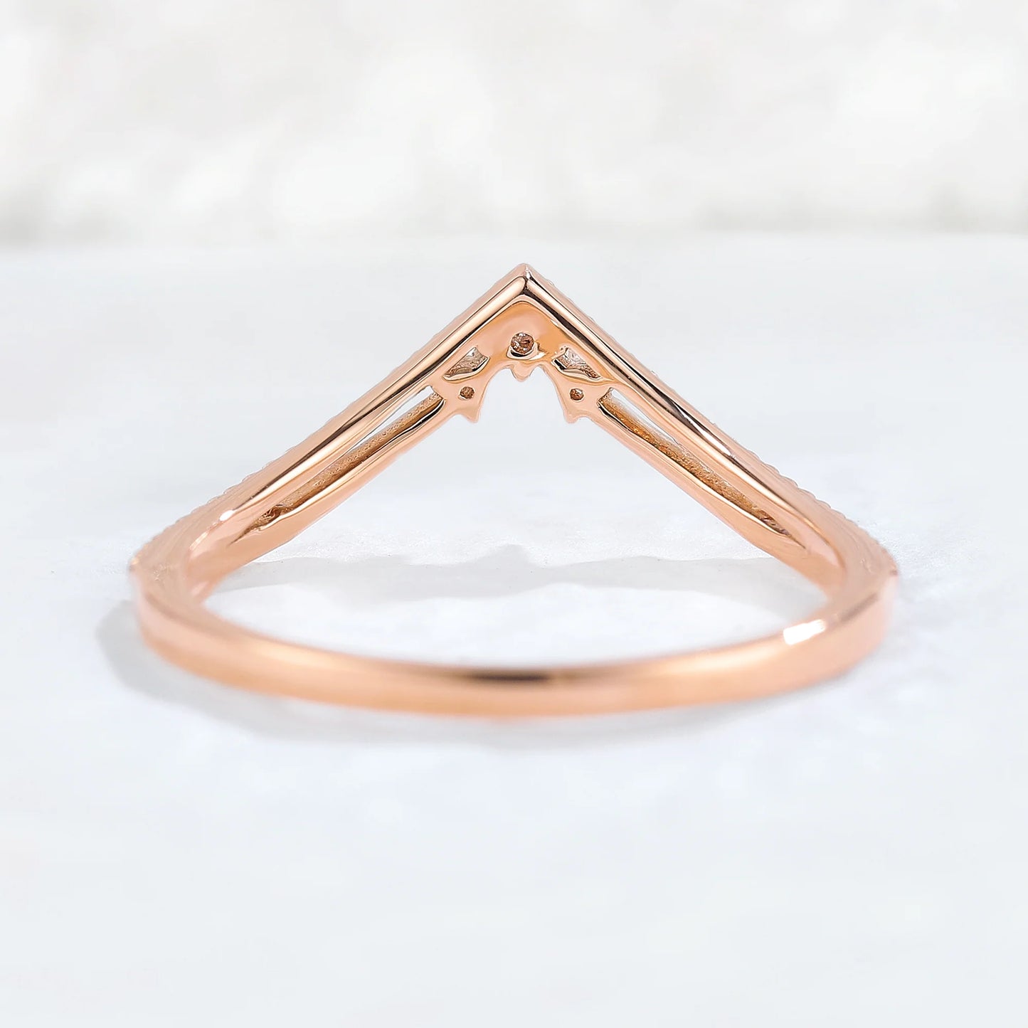 Chevron Round Moissanite Milgrain Pave Band 14k Rose Gold Stacking Ring