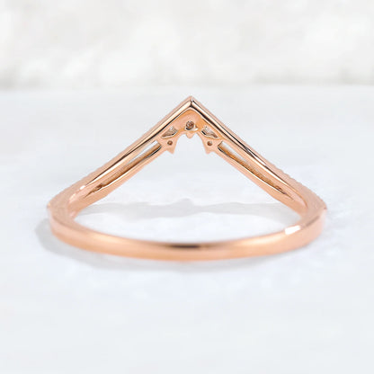 Chevron Round Moissanite Milgrain Pave Band 14k Rose Gold Stacking Ring