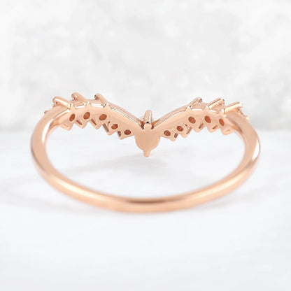 Chevron Round Pearl Moissanite 14k Rose Gold Stacking Ring