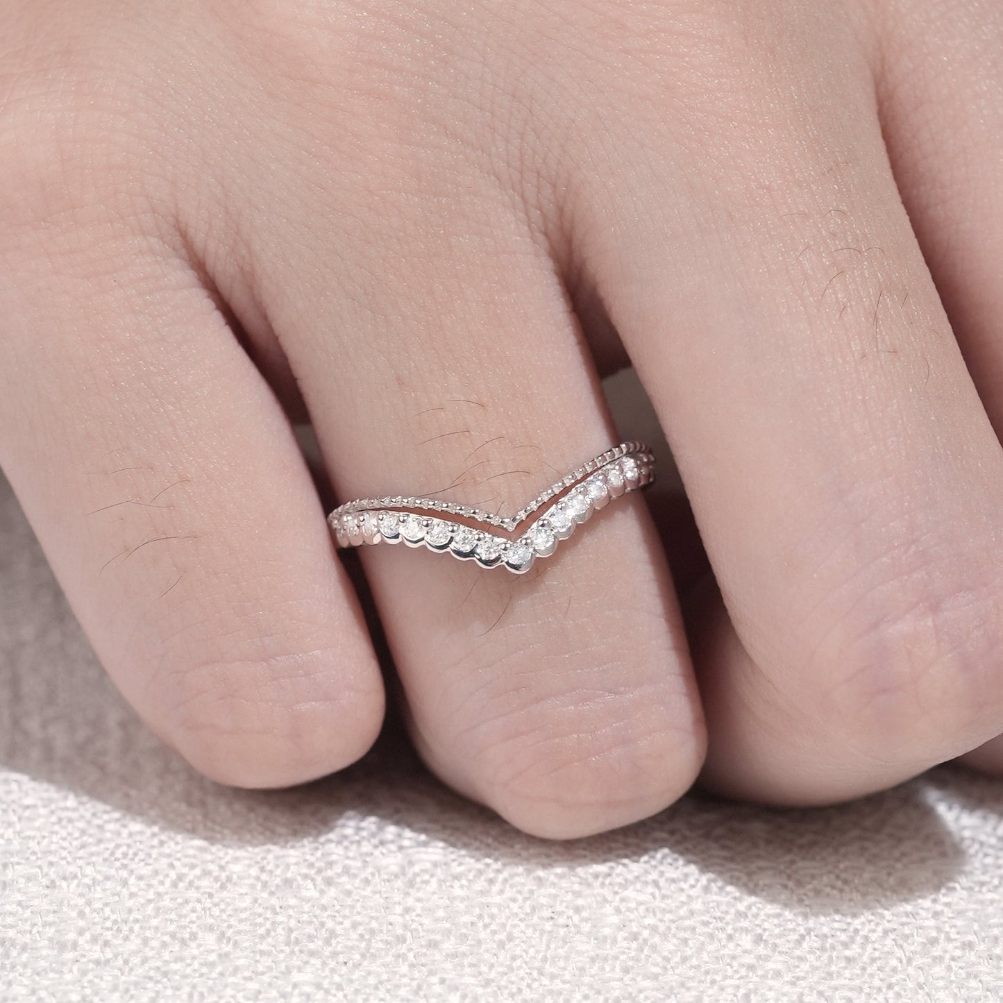 Classic V-Curved Round Moissanite Stacking Ring Sterling Silver